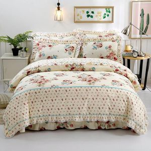 Bedding Define Cotton Elegante Coréia Estilo Conjunto de babados florais rosa Tampa de edredão com fechamento de zíper, travesseiros de lençol respirável