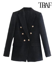 Damenanzüge Blazer TRAF Frauen Mode mit Metallknopf Tweed Blazer Mantel Vintage Langarm Pattentaschen Weibliche Oberbekleidung Chic Veste 230311