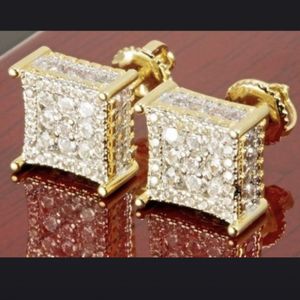 Hip Hop 925 Sterling Silver Pave Simulated Diamond Wedding Earrings For Men Women Plated Yellow Gold Jewelry