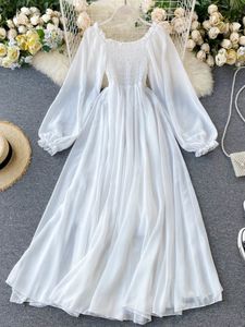 Casual Dresses Ly Varey Lin Spring Autumn Women Elegant Holiday Dresses Puff Sleeve Slash Neck Off Shoulder Smocked White Chiffon Dresses 230311