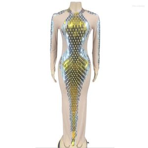 Casual Dresses Women Sexig scen glittrande Rhinestones -paljett för se genom lång mesh klänning kväll nattklubb