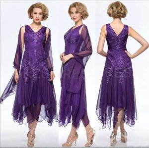 Elegant Purple Chiffon Tea-length Mother Of The Bride Dresses with Wrap Plus size V-neck Hollow Back Mother's Dresses