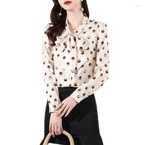 Women's Blouses Elastic Twill Satin Silk Bow Shirt Women's 2023 Spring Dress Wave Dot Backing Professional Mulberry Top