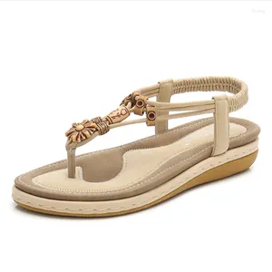 Dress Shoes String Bead Noiseless For Women 2023 Ethnic Boohemia Sandalia Eleastic Band Soft Beach Sandals Wedges Heels 3cm 27cm 44-36