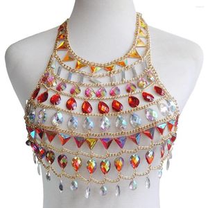 Women's Tanks AB Crystal Chain Tops Women Beaded Bikini Wear Gold Bra Cropped Nightclub Party Festival Burning Man Jewelry