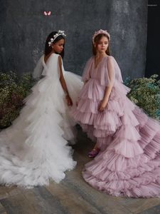 Girl Dresses Flower Dress A-Line Kids Princess Lace One Shoulder Floor Length Wedding Tulle Satin Pleat Prom