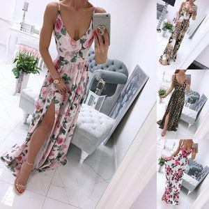 Casual Dresses Ladies Chic Bohemian Sling Dress Spaghetti Straps Floral Print Deep V Neck Slit Hem Full Length For Women 2023