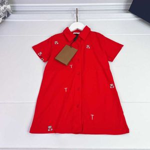 23ss kids Abito camicia con risvolto di marca di design personalizza Gonna con ricamo orsacchiotto ragazze Abiti a maniche corte in puro cotone Gonne per bambini Vestiti per bambini a1