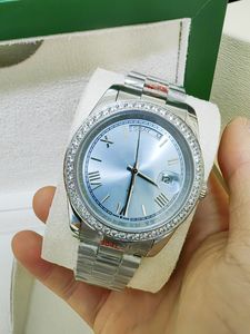 Med originallådan lyxiga modeklockor Toppkvalitet 8k Blue Diamond Dial Bezel 18038 Automatisk herrmänklocka