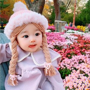 Caps Hats Winter Warm Toddler Baby Girl Princess Hat Hair Pigtail Braid Wig Cap Crochet Knitted Children Kids Girls Hats Caps Plush Ball 230313