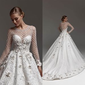 Luxury Ball Gown Wedding Dresses Jewel Cell Lace Long Sleeves 3D Flower Applicants Zipper Chapel Gown Sequins Custom Made Bridal Gown Vestidos De Novia