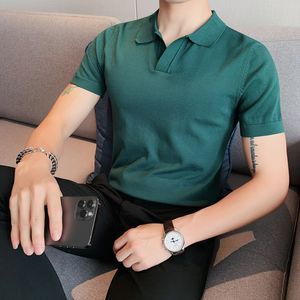 Men's T-Shirts Summer style men's casual short sleeve knit solid color POLO shirt British slim lapel color blue T-shirt polo 230313