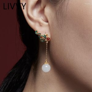 Orecchini pendenti LIVVY Retro White Stone Long Chinese Style Unique Fine Craft Luxury Charm Women's Jewelry