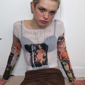 Camisetas femininas malha gótica de malha gótica superior y2k harajuku impressão gráfica, veja através de camiseta vintage estilo punk de manga longa camisetas de verão