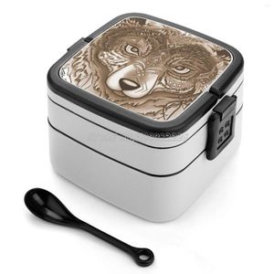 Set di stoviglie Lupo Bento Box Pranzo quadrato a prova di perdite con scomparto Testa Animali Animali Logo naturale Tatoo Nice