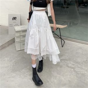 Skirts Vintage Black Gothic Y2K Long Skirt Autumn Lace Stitching Irregular Pleated Skirt Women White Korean Solid Hip Hop Streetwear 230313