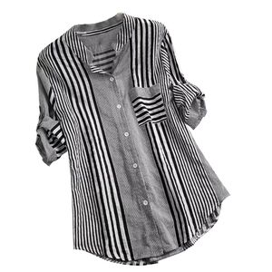 Women's Blouses Shirts Striped Print 4xl Plus Size Shirts Tunic Tops Three Quarter Button V-neck Blouse Fashion Casual Loose Shirts For Women Top Mujer 230311