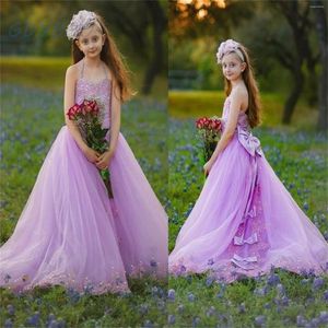 Flickaklänningar Lavender Suspender Wedding Flower -applikationer med Sash Lnfant Toddler Kids First Communion Dress Birthday Prom Party
