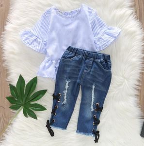 Kids Girls Clothes Set Rands Top Ripped and Ripped Special Jeans 2st Set