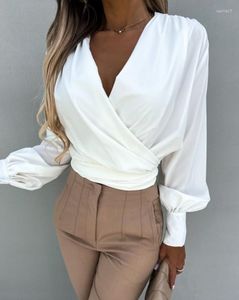 Kvinnors blusar toppar kvinnor 2023 trendig mode lykta ärm Ruched Wrap Top Long V-Neck-knapp Elegant Office Lady Simple