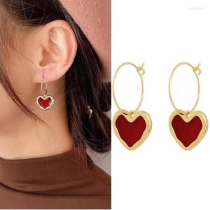 Dangle Earrings 2023 Korean Fashion Vintage Redエナメルハートフープ