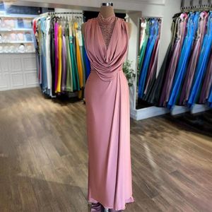 Vestidos de festa bainha/coluna noite longa luxo 2023 miçangas altas vestidos de gola alta para mulheres vestido formal de cetim cor de cetim rosa