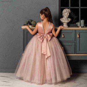 Flickans klänningar 5-14y Teenage Bridesmaid Girl Long Evening Dress Barn Kidsklänningar för flickor Examen Communion Gown Prom Party Lace Dress W0314