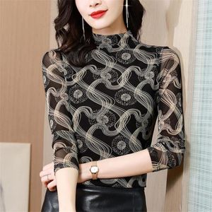 Women's Blouses Autumn Winter Print Vintage Blouse High Neck Long Sleeve Undershirt Womens Tops And Mesh Blusa Feminina