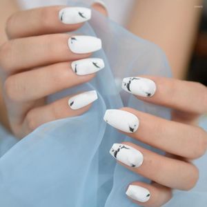 Ложные гвозди матовые матовые фальшивые простой дизайн китайский стиль белый искусственный маникюр ногтей Мрамор Cercueil Faux Ongles