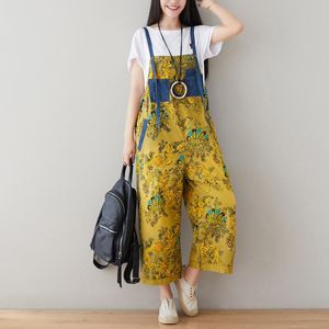 Kvinnors jumpsuits Rompers Suschers Wide Leg Bib Jeans Stor storlek hängslen Drop Crotch Denim Pants Baggy Hip-Washed Printed Flower Cowboy