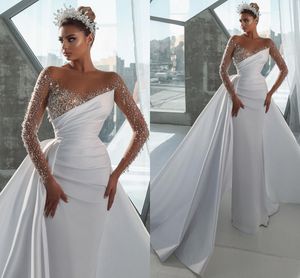 Bescheidenes Meerjungfrau-Illusion-Hochzeitskleid 2024, transparenter Hals, Juwelenkristalle, Perlenstickerei, lange Ärmel, Satin, Brautkleider, Robe De Mariee Civil für Frauen