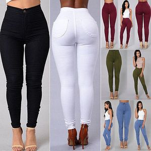 Calça feminina capris mulheres jeans magros jeggings de cintura alta jeans de cor pura colorida like calças 230313