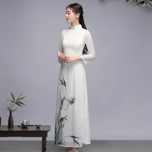 Casual Dresses OEING Chinese Ladies Embroidery Aodai Qipao Long Dress A Line Sleeve Maxi