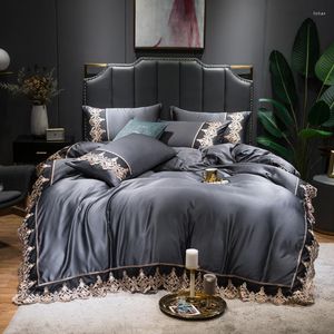 Bedding Sets Duvet Cover Set Solid Color Luxury Bed Bedspread Washed Silk Embroidery Lace Edge Housse De Couette No Comforter