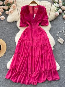 Party Dresses Fashion Runway Solid Color Summer Chiffon Dress Women V Neck Buttons Puff Sleeve High Waist Folds Party Fairy Swing Maxi Vestido 230314