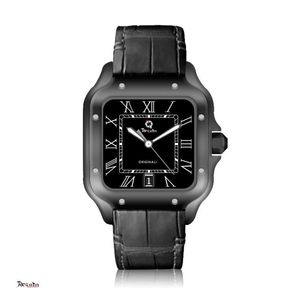 Men's Luxury Automical Watch 100xl Requin Santoステンレス鋼ケースカレンダーサファイア防水ブラックレザーストラップJ87