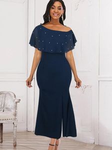 Casual Dresses Elegant Women Long Prom Party Navy Blue Beading Mesh Cloak Sleeve Slit Trumpet Dress Summer Big Size 4XL Curve Outfits