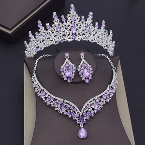 Wedding Jewelry Sets Luxury Purple Crystal Sets Bridal Jewelry Sets for Women Crown Earring Necklace Wedding Tiaras Bride Dubai Jewelry Sets 230313