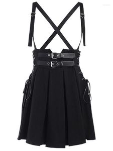 Skirts Black Gothic Women Pleated Skirt High Waist Strap Mini Skater Overall Flare Suspender Harajuku Y2K Emo