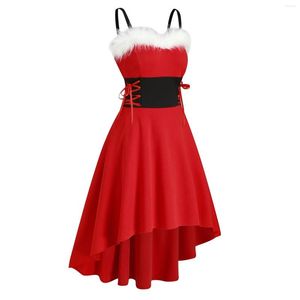 Abiti casual Donna Elegante Natale Pelliccia sintetica Lace Up Solid Asimmetrico High Low Midi Party Dress Off Spalle Stili 2023