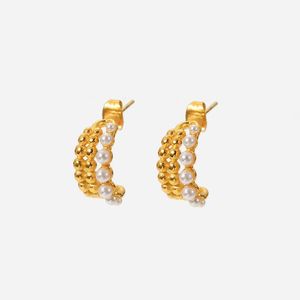 Hoopörhängen Huggie Waterproof 18K Gold Plated Bead Pearl Earring Geometric Rostly Steel Triple Layer Mini för kvinnor
