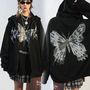 Damen Hoodies Sweatshirts Frauen Hip Hop Streetwear Herbst Reißverschluss Schmetterling Ästhetisches Kapuzenpullover Y2k Harajuku Female Goth Punk Jacke Mantel 230314