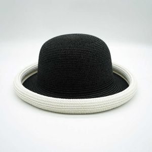 Franse stijl zwart -wit patchwork gekrulde topjurk hoed vrouwelijke zomer zonneschadebedrijf vakantie strand brede riem rietje vrouwen fedora hoeden