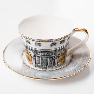 Koppar fat svan slott te kopp ben porslin guld fönster retro klassisk vind kaffe hem dekoration koncentrat och fat set