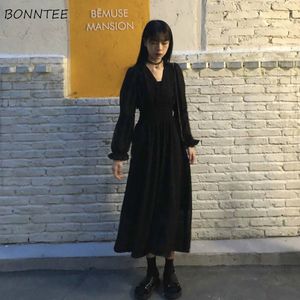 Casual Dresses Dress Women Autumn Chic Simple Elegant Puff Sleeve Vintage Black Ladies Streetwear Party Daily Vneck Female Clothing Vestidos 230313