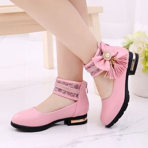 Sneakers mode Tassel Bow Childrens Leather Shoes Girls Flower For Princess Wedding Big Kid Dance 3 4 5 6 7 8 9 10 11 12 Year Old 230313