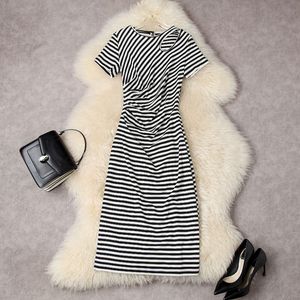 Summer Short Sleeve Mid-Calf Dress Round Neck Black Striped Hollow Out Halning Elegant Ruched Casual Dresses 22Q157004