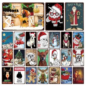 Merry Chirstmas Tin Sign Warning Vintage Metal Sign Cute Dogs Retro Plates Plaque Sign Metal Wall Decor Wall Poster Garden Home 30X20cm W03