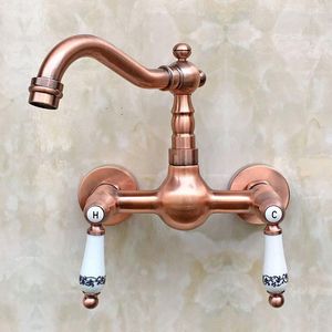 Kitchen Faucets Antique Red Copper Wall Mount Sink Faucet Swivel Spout Mixer Tap Dual Ceramics Handles Levers Arg033