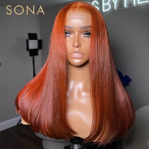 Synthetische Perücken Transparent 13x6 Spitze Frontal Ingwer Orange gefärbtes Menschenhaar für schwarze Frauen vorgezupft 4x4 Verschluss 230314